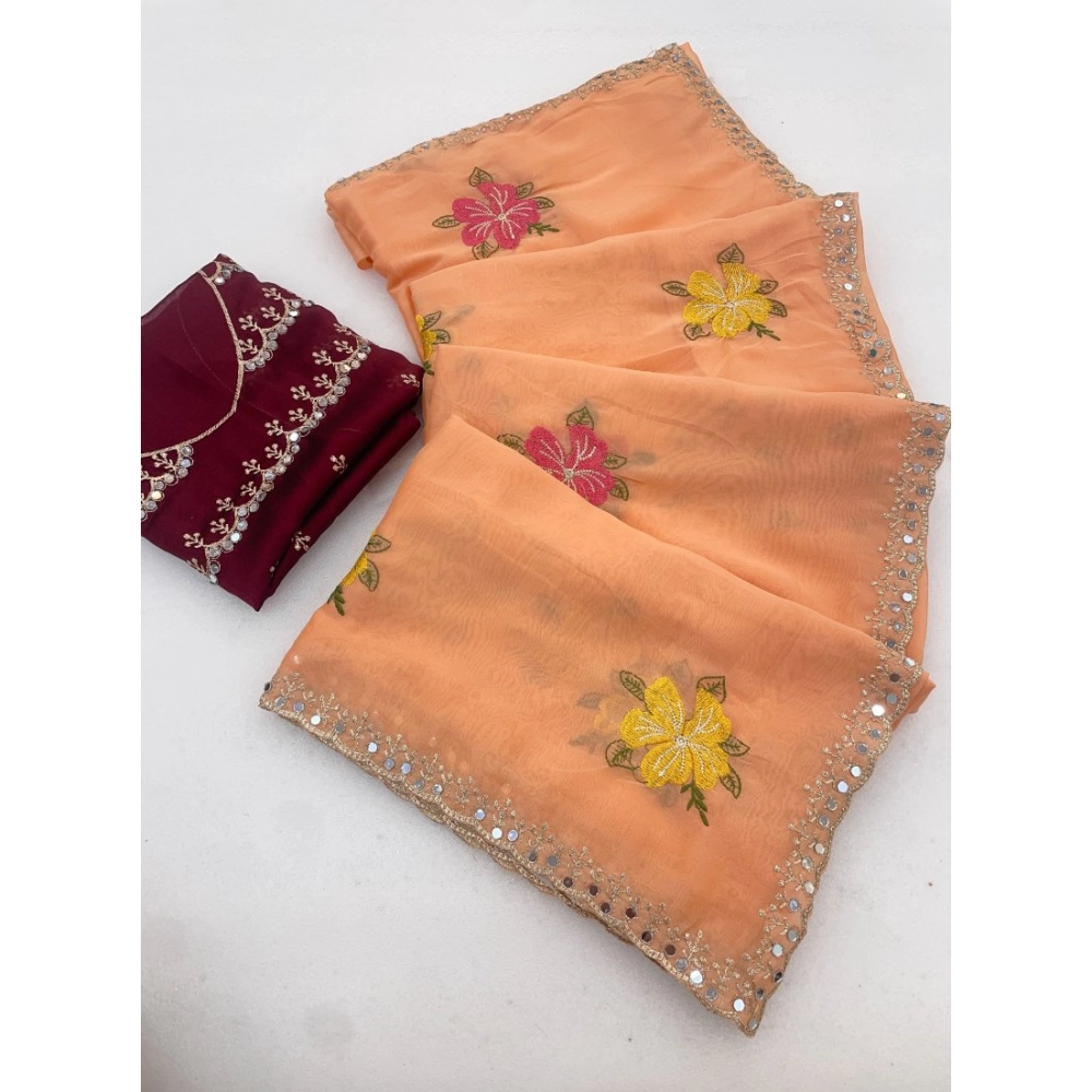 Generic Women's Georgette Embellished Saree With Unstitched Blouse 5.5Mtr�(Orange)