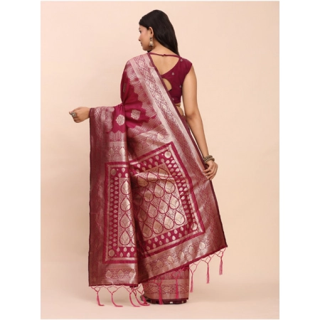 Generic Women's Banarasi Silk Printed Saree With Unstitched Blouse 5.5Mtr (Magenta)