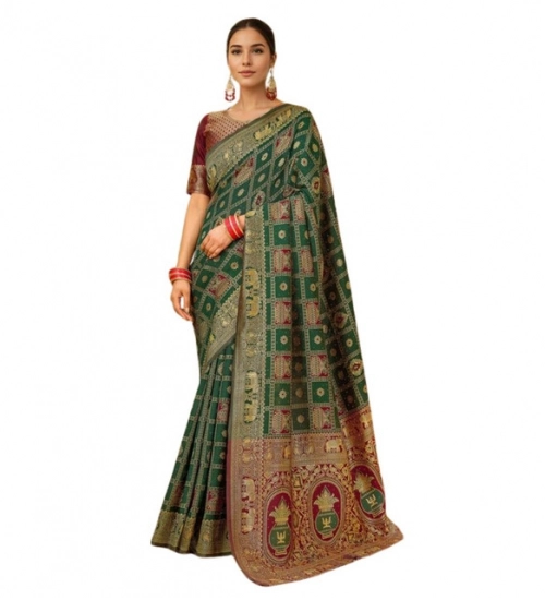 Generic Women's Silk Blend Woven Zari Work Saree With Unstitched Blouse 5.5Mtr (Green)