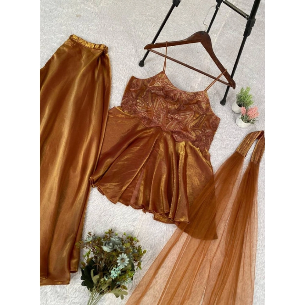 Generic Women's Silk Embroidered Sleeveless Round Kurti With Palazzo Pant and Dupatta Set (Brown) Generic Women's Silk Embroidered Sleeveless Round Kurti With Palazzo Pant and Dupatta Set (Brown)