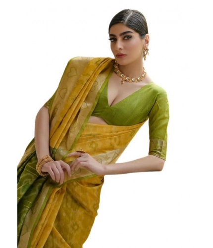 Generic Women's Silk_Blend Ethnic Ikat Pattern Saree With Unstitched Blouse 5.5Mtr (Yellow)