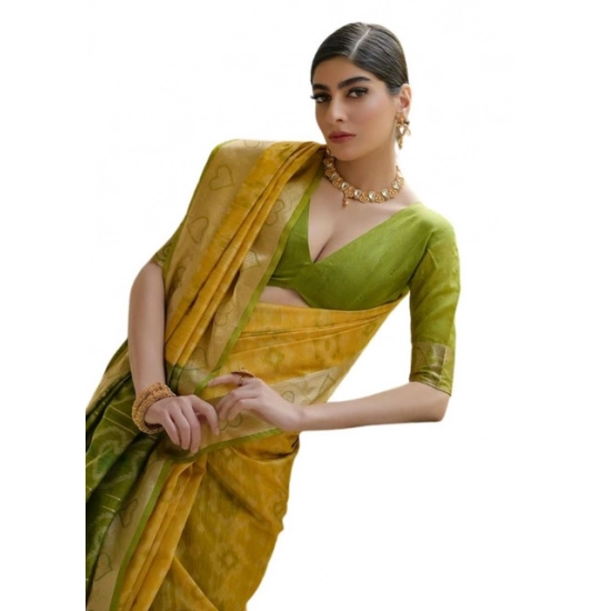 Generic Women's Silk_Blend Ethnic Ikat Pattern Saree With Unstitched Blouse 5.5Mtr (Yellow)