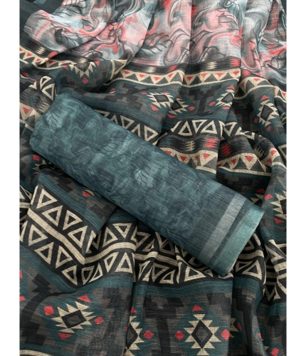 Generic Women's Linen Cotton  Printed Saree With Unstitched Blouse 5.5Mtr (Blue)