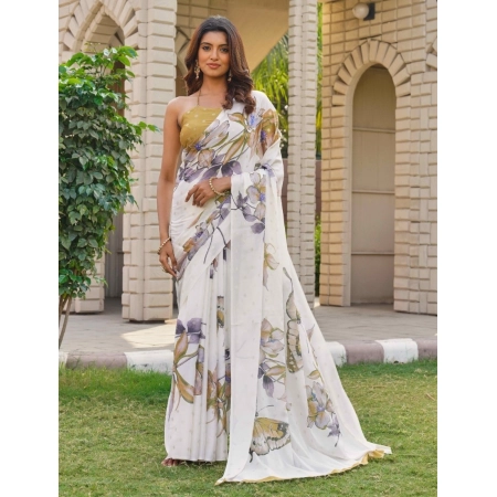 Generic Women's Georgette Floral & Butterfly Printed Saree With Unstitched Blouse 5.5Mtr (Off White-Mustard)