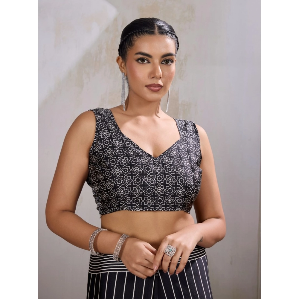 Generic Women's Satin Crepe Printed Saree With Unstitched Blouse 5.5Mtr (Black)