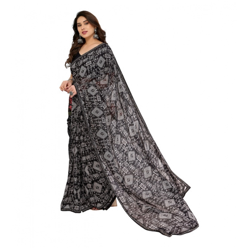 Women's Georgette Printed Saree With Unstitched Blouse 5.5Mtr (Black)