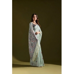Generic Women's Blended_Cotton Floral Saree With Unstitched Blouse 5.5Mtr (Aqua_Blue)