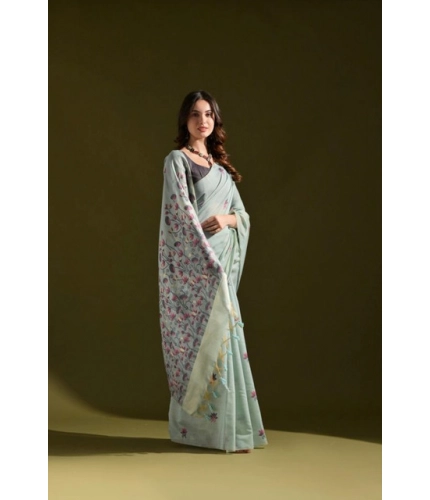 Generic Women's Blended_Cotton Floral Saree With Unstitched Blouse 5.5Mtr (Aqua_Blue)