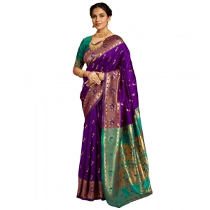 Generic Women's Silk Blend Zari Weaving Saree With Unstitched Blouse 5.5Mtr (Purple)