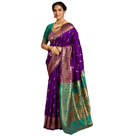Generic Women's Silk Blend Zari Weaving Saree With Unstitched Blouse 5.5Mtr (Purple)