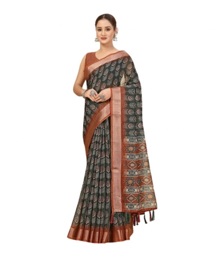 Generic Women's Cotton Silk Printed Saree With Unstitched Blouse 5.5Mtr (Multicolor)