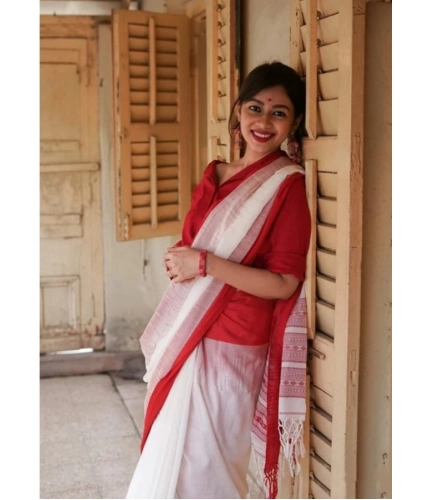 Generic Women's Soft Lilan Printed Saree With Unstitched Blouse 5.5Mtr (White)