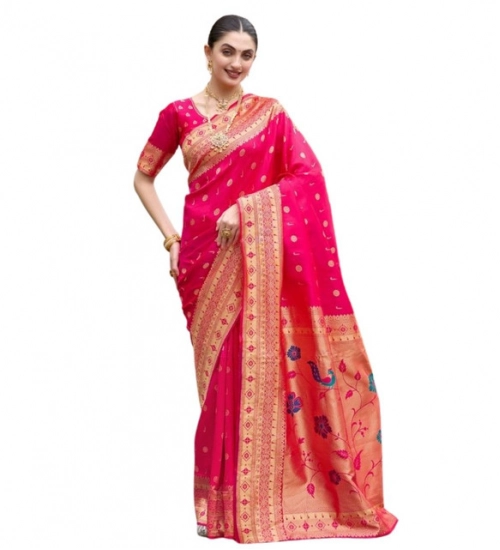 Generic Women's Silk Blend Zari Woven Saree With Unstitched Blouse 5.5Mtr (Red)
