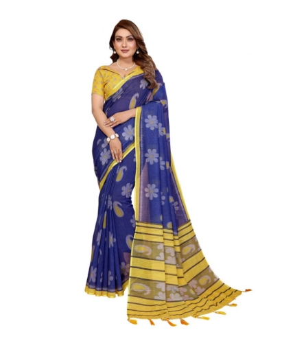 Generic Women's Linen Cotton Printed Saree With Unstitched Blouse 5.5Mtr (Blue)