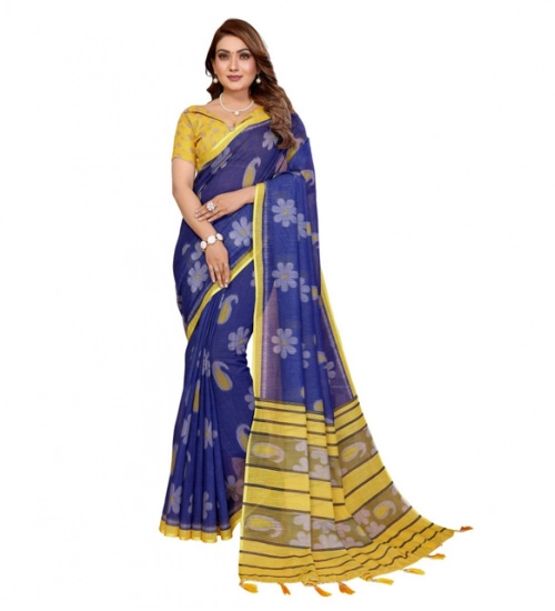 Generic Women's Linen Cotton Printed Saree With Unstitched Blouse 5.5Mtr (Blue)