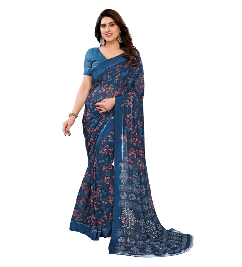 Generic Women's Georgette Printed Saree With Unstitched Blouse 5.5Mtr (Blue)