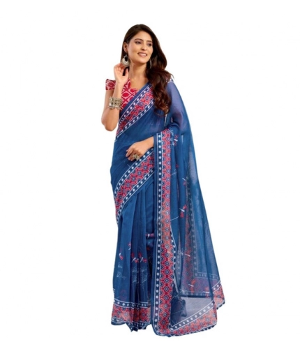 Generic Women's Faux Linen Floral Print Ready to wear Saree With Unstitched Blouse 5.5Mtr (Blue)