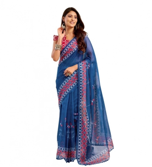 Generic Women's Faux Linen Floral Print Ready to wear Saree With Unstitched Blouse 5.5Mtr (Blue)