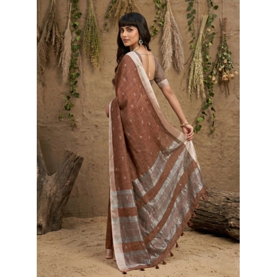 Generic Women's Linen Cotton Printed Saree With Unstitched Blouse 5.5Mtr (Brown) Generic Women's Linen Cotton Printed Saree With Unstitched Blouse 5.5Mtr (Brown)