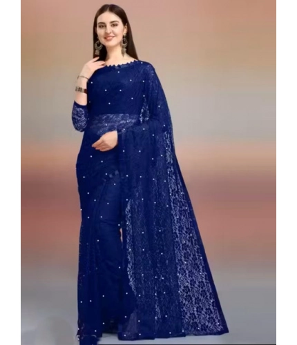 Generic Women's Net Self Design Saree With Unstitched Blouse 5.5Mtr (Navy Blue)