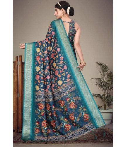 Generic Women's Cotton Silk  Printed Saree With Unstitched Blouse 5.5Mtr (Blue)