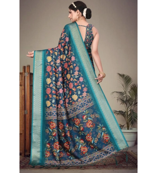 Generic Women's Cotton Silk  Printed Saree With Unstitched Blouse 5.5Mtr (Blue)