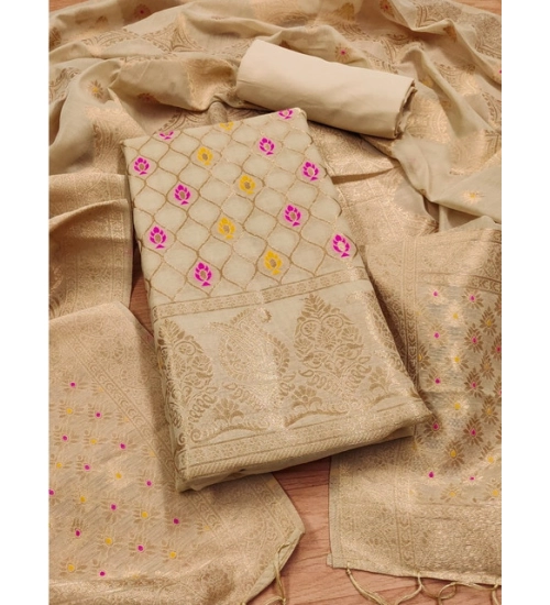 Generic Women's Banarasi Silk Printed Unstitched Salwar Suit Material With Dupatta (Cream, 3Mtrs)