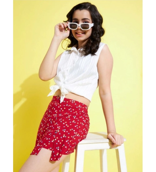 Generic Girl's Polyester Lurex Printed Sleeveless Skorts Set (White-Red)