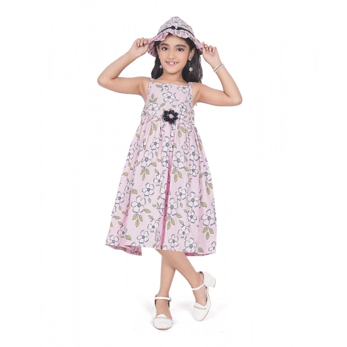 Generic Girl's Cotton Printed Sleeve Less Round Neck Dress (Pink)