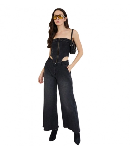 Generic Women's Denim Lycra Solid Sleeveless Top (Black)
