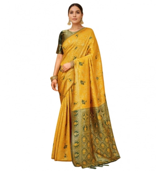 Generic Women's Silk Blend Woven Paithani Saree With Unstitched Blouse 5.5Mtr (Mustard)