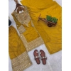 Generic Women's Silk Embroidered 3/4th Sleeve Round Kurti With Sharara Pant and Dupatta Set (Yellow)