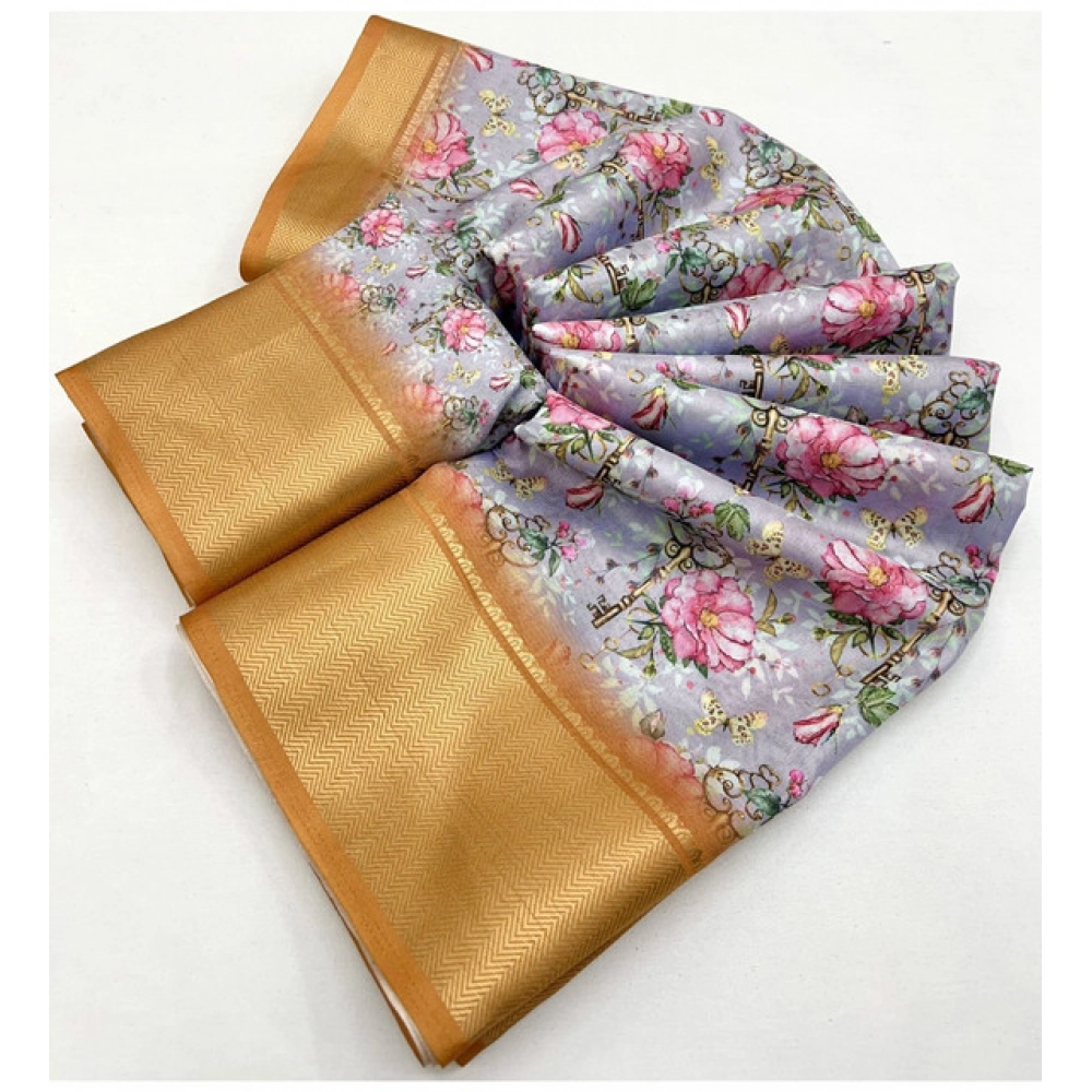 Generic Women's Cotton Silk Floral Printed Saree With Unstitched Blouse 5.5Mtr (Lavender)