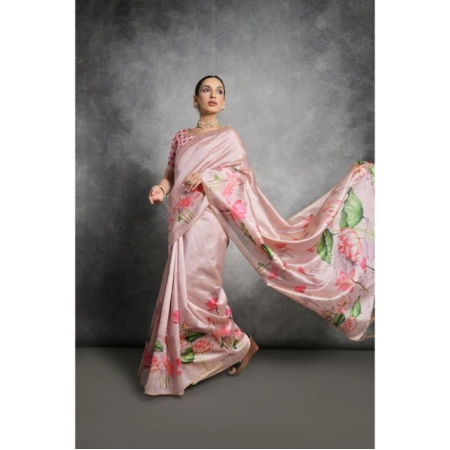 Generic Women's Cotton Printed Saree With Unstitched Blouse 5.5 Mtr (Pink)