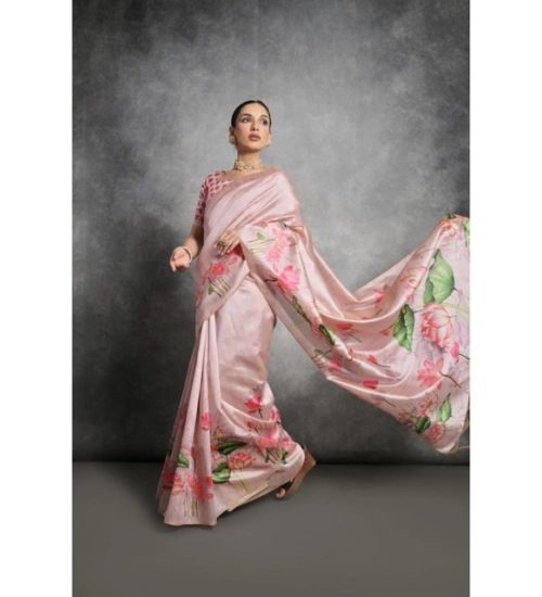 Generic Women's Cotton Printed Saree With Unstitched Blouse 5.5 Mtr (Pink)