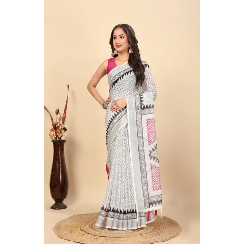Women's Linen Printed Saree With Unstitched Blouse 5.5Mtr (Multicolor)