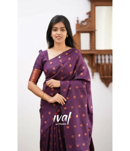 Generic Women's Soft Lichi Silk Printed Saree With Unstitched Blouse 5.5Mtr (Purple)