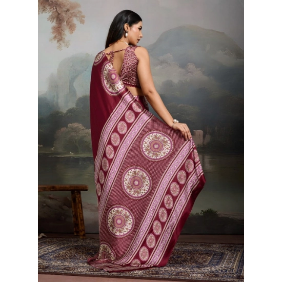 Women's Satin Crepe Printed Saree With Unstitched Blouse 5.5Mtr (Maroon)