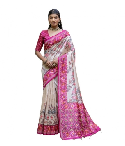 Generic Women's Faux_Tussar Floral Jal With Patola Print Saree With Unstitched Blouse 5.5Mtr (Pink)