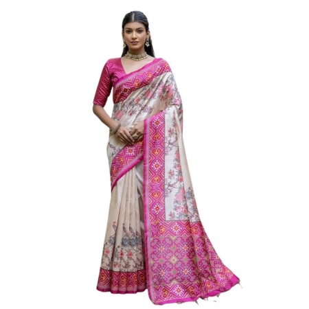 Generic Women's Faux_Tussar Floral Jal With Patola Print Saree With Unstitched Blouse 5.5Mtr (Pink)