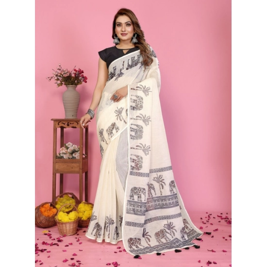 Generic Women's Linen Cotton Printed Saree With Unstitched Blouse 5.5Mtr (Off White) Generic Women's Linen Cotton Printed Saree With Unstitched Blouse 5.5Mtr (Off White)