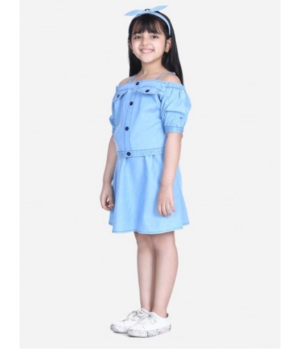 Generic Girl's Denim Solid Cold Shoulder Top and Skirt Set (Light Blue)