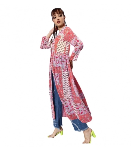 Generic Women's Polyester Floral Long Sleeves Shrug (Pink-Coral)