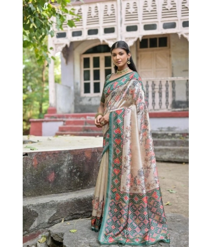 Generic Women's Faux_Tussar Floral Jal With Patola Print Saree With Unstitched Blouse 5.5Mtr (Teal)