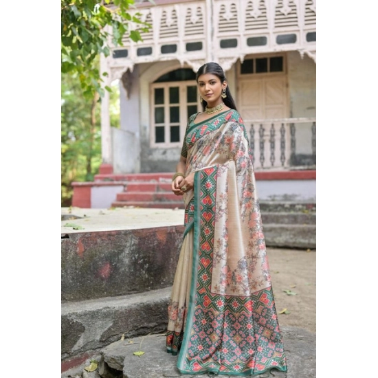 Generic Women's Faux_Tussar Floral Jal With Patola Print Saree With Unstitched Blouse 5.5Mtr (Teal) Generic Women's Faux_Tussar Floral Jal With Patola Print Saree With Unstitched Blouse 5.5Mtr (Teal)
