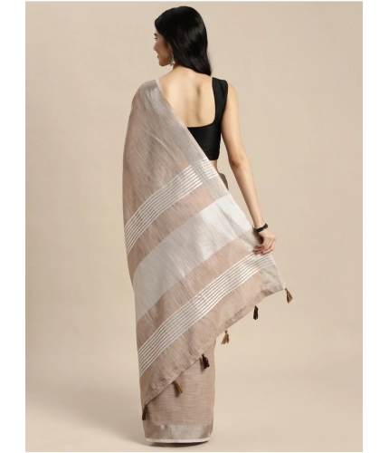 Generic Women's Linen Cotton Printed Saree With Unstitched Blouse 5.5Mtr (Beige)