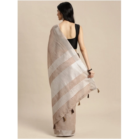 Generic Women's Linen Cotton Printed Saree With Unstitched Blouse 5.5Mtr (Beige)