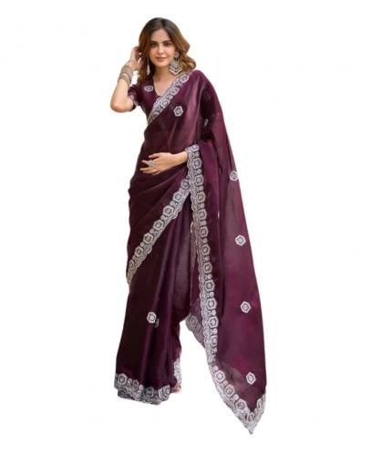Generic Women's Faux Shimmer Geometric Ready to wear Saree With Unstitched Blouse 5.5Mtr (Wine) Generic Women's Faux Shimmer Geometric Ready to wear Saree With Unstitched Blouse 5.5Mtr (Wine)
