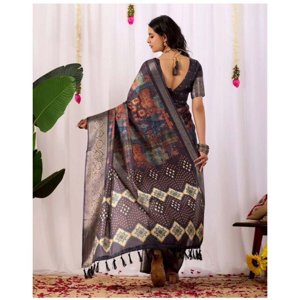 Generic Women's Faux_Silk Printed Saree With Unstitched Blouse 5.5Mtr (Navy_Blue)