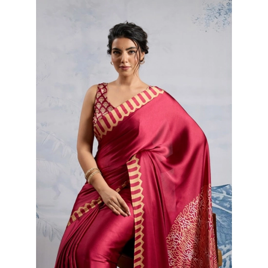 Generic Women's Satin Crepe Printed Saree With Unstitched Blouse 5.5Mtr (Maroon)